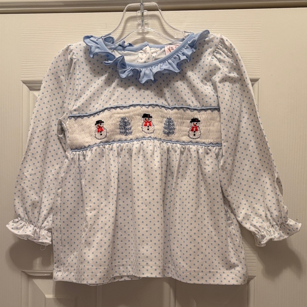 The Smocking Place Blue Polka Dot Kids Shirt with Snowman Design